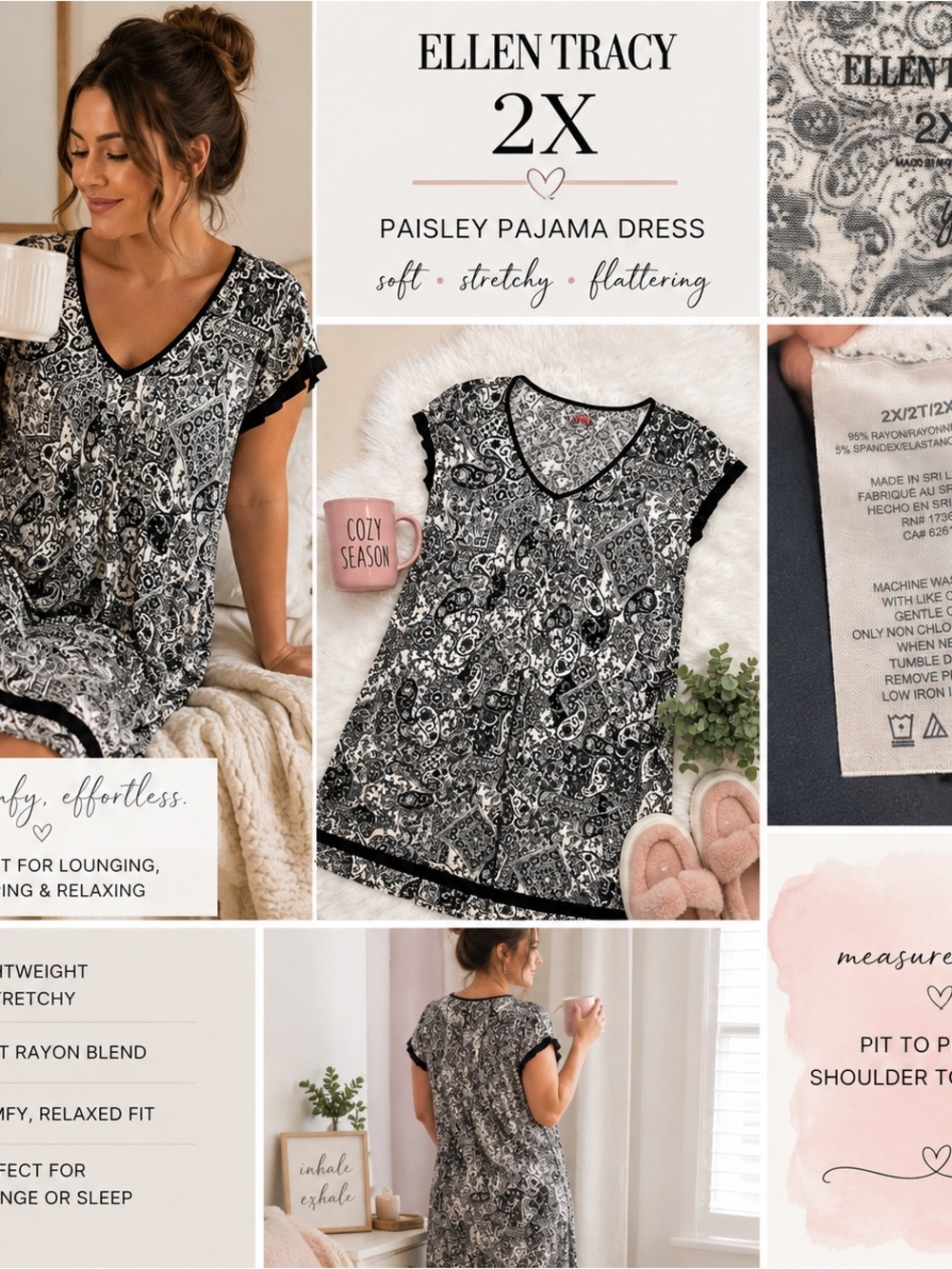 Ellen Tracy 2X Black White Paisley Tunic pajama Stretch V Neck Boho Plus Size